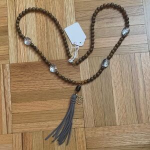 22” Handcrafed Wood Bead Necklace - Gray Tassel & Rose Charm - Chic Boho